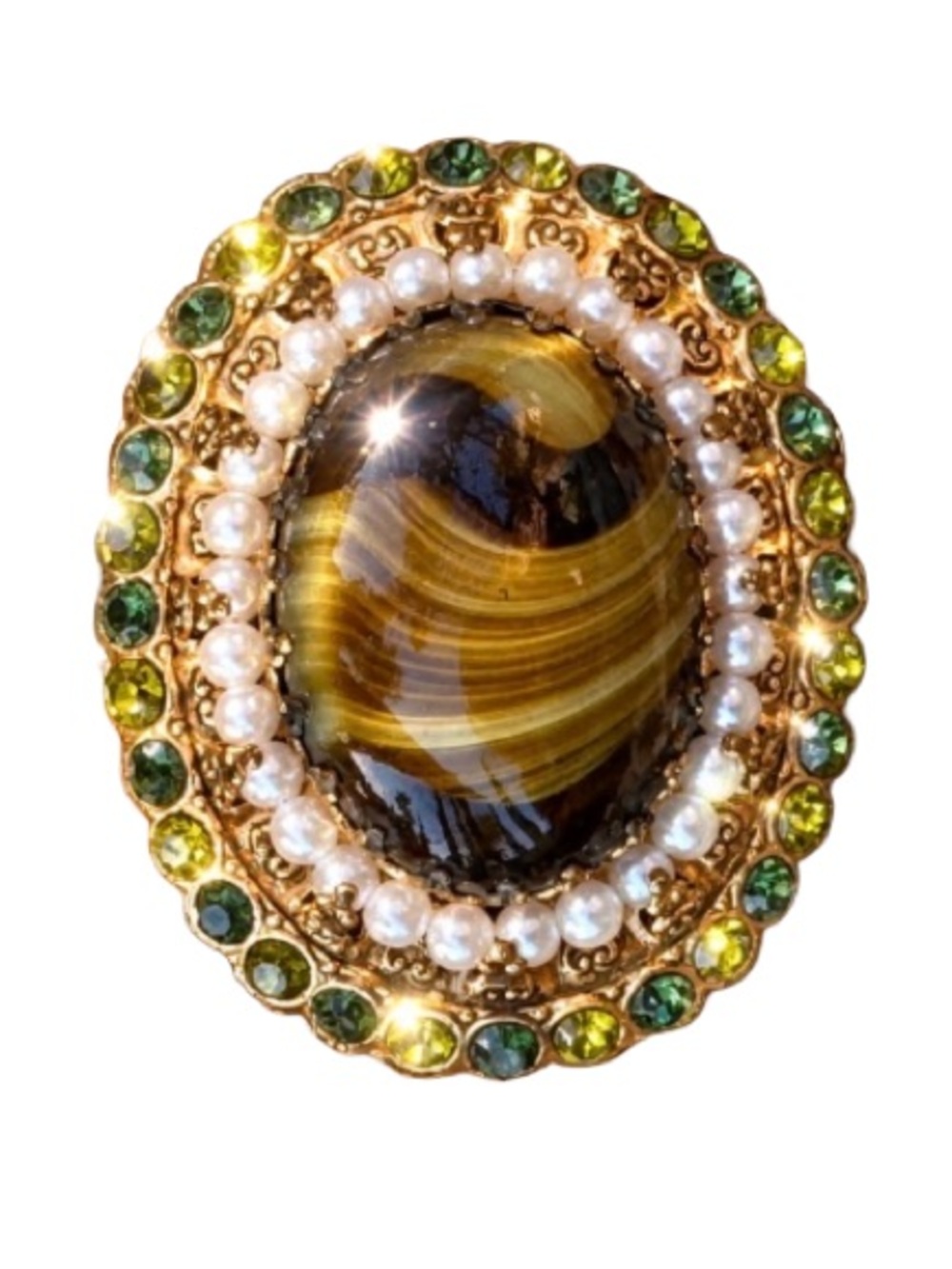 Vintage West Germany Porphyry Slag Art Glass Tiger Eye Brooch